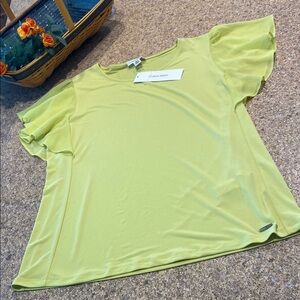 NWT Calvin Klein Apple Green Top FLAWS Blouse Flutter Short Sleeves Medium